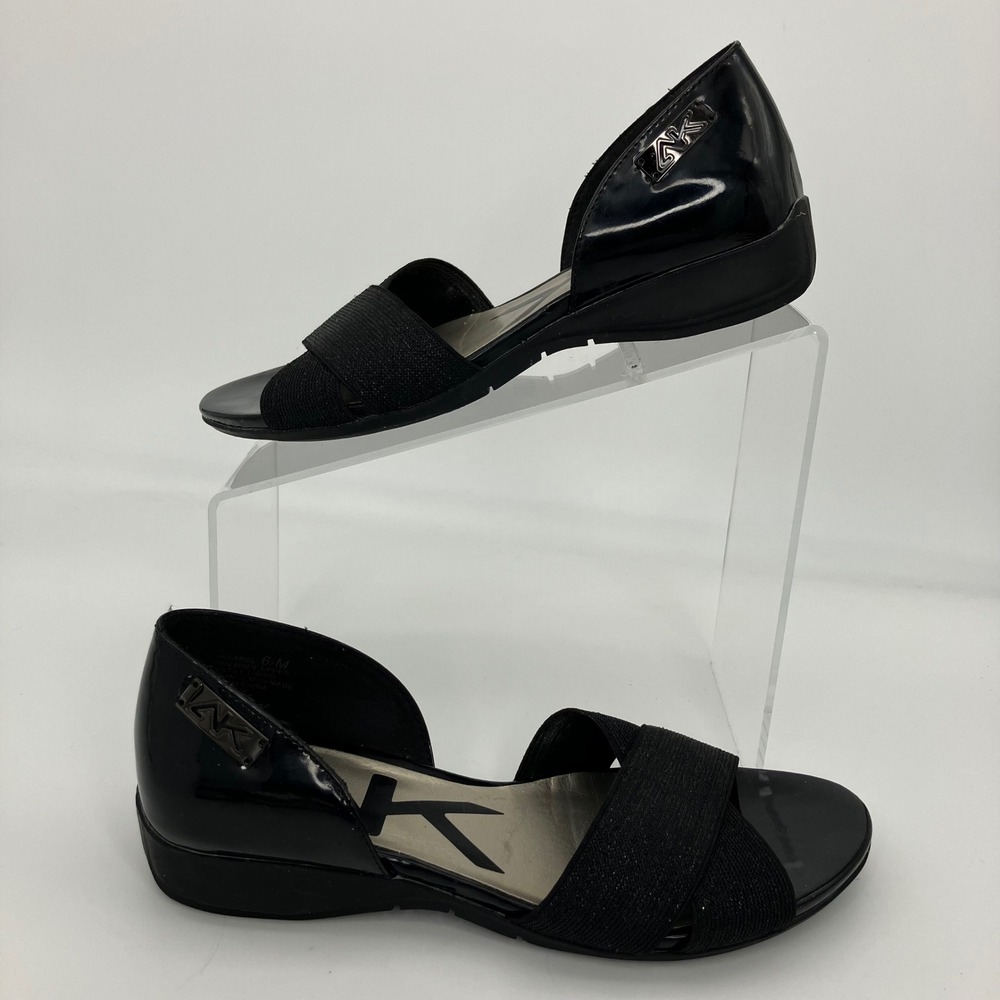 Anne Klein Sport Karol Sandals Womens 6.5 Black Patent Elastic Wedge D'Orsay